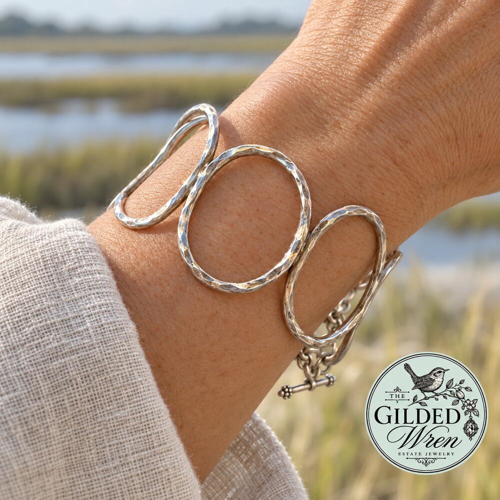 925 Sterling Silver Hammered Open Oval Link Cuff Bracelet Toggle 26g
